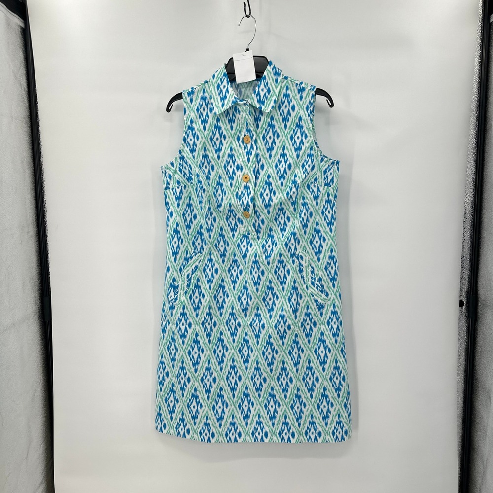 New Lands End Petite Sleeveless Shift Dress 10P Coastal Blue Ikat Print Pockets